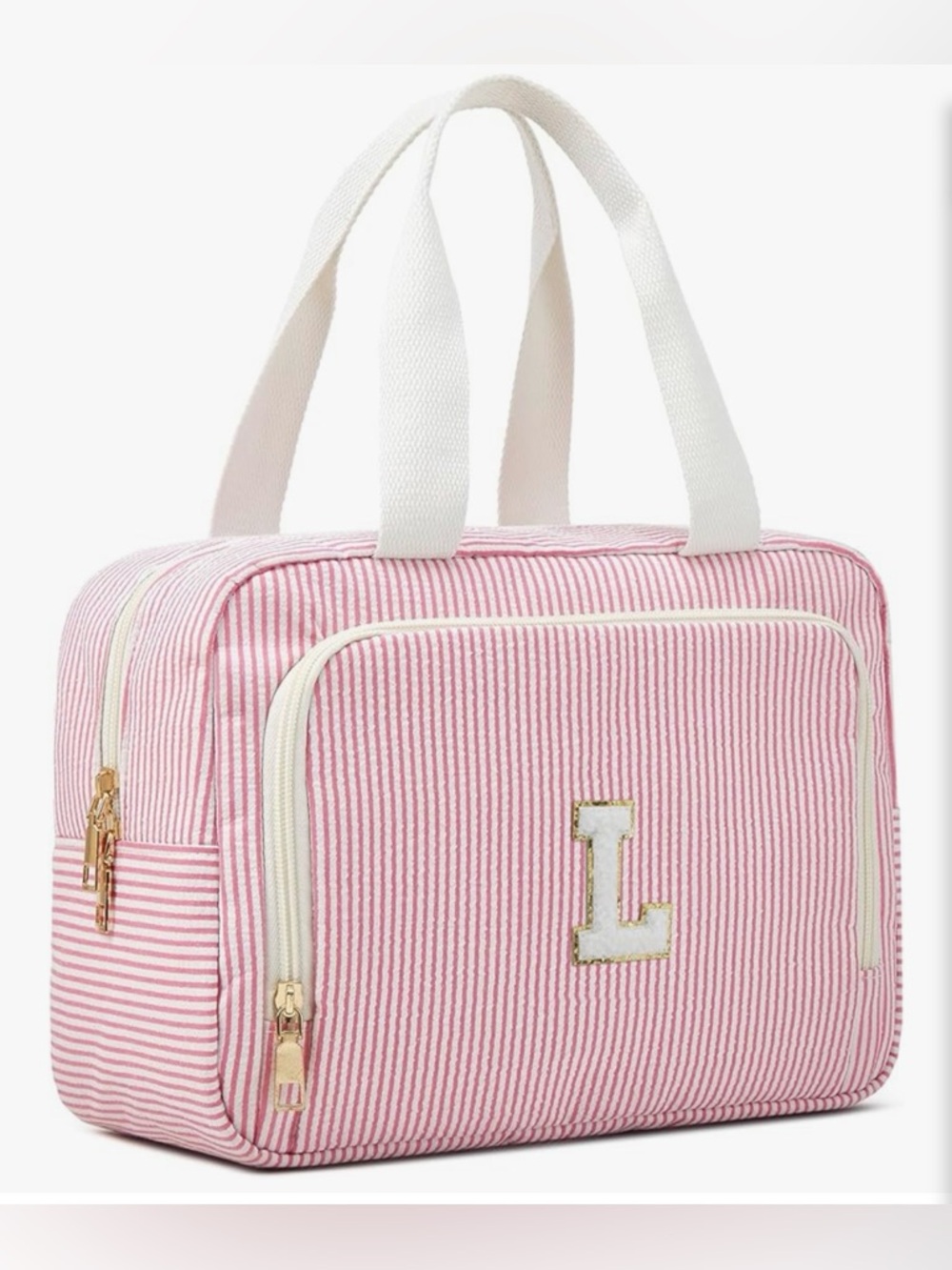 “A” Monogram Striped Seersucker Toiletry Organizer